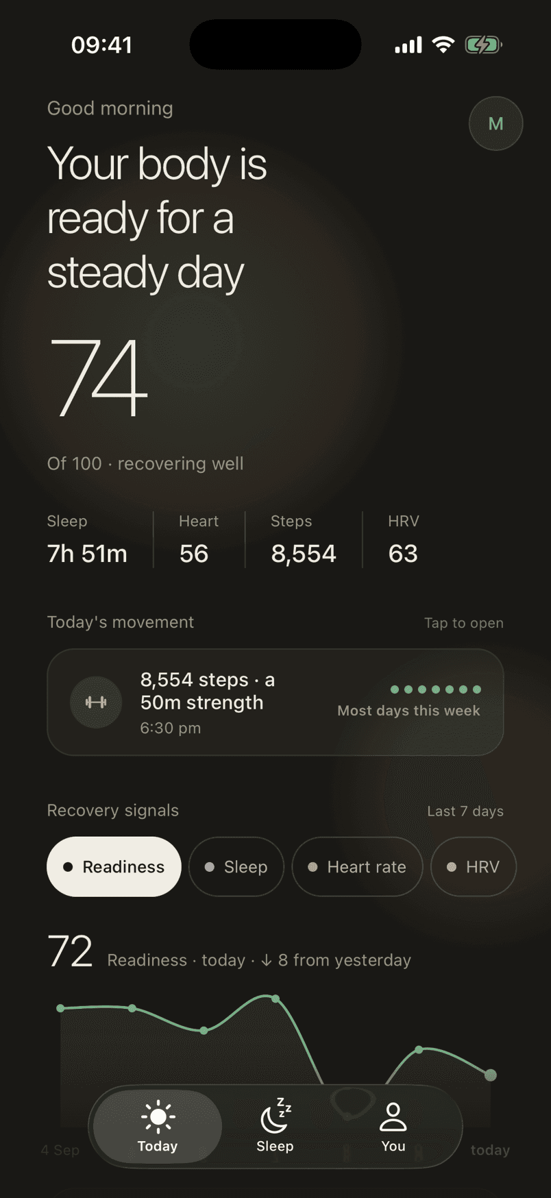 RestUp Today screen in dark mode: good morning, your body is ready for a steady day, readiness 74 of 100, recovering well