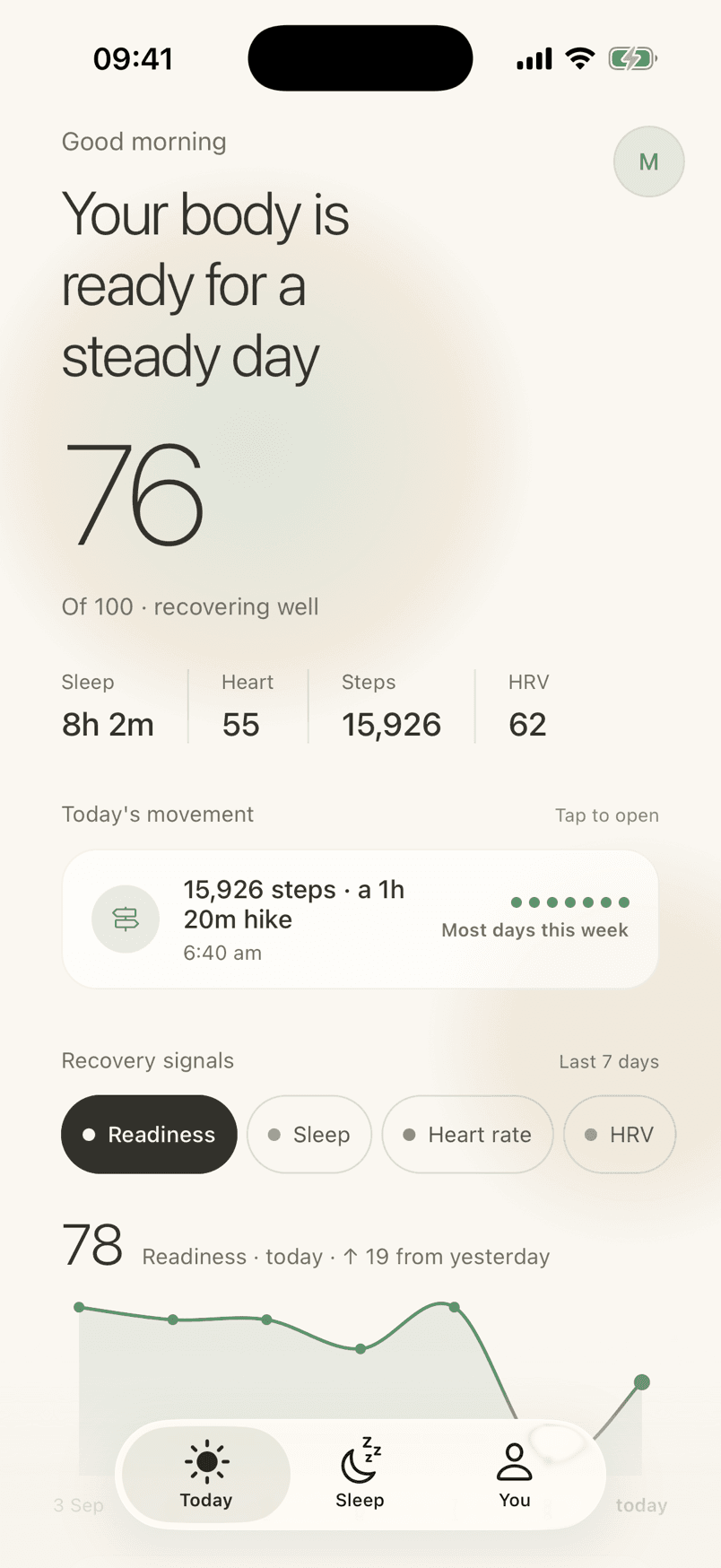 RestUp Today screen in light mode: good morning, your body is ready for a steady day, readiness 76 of 100, recovering well