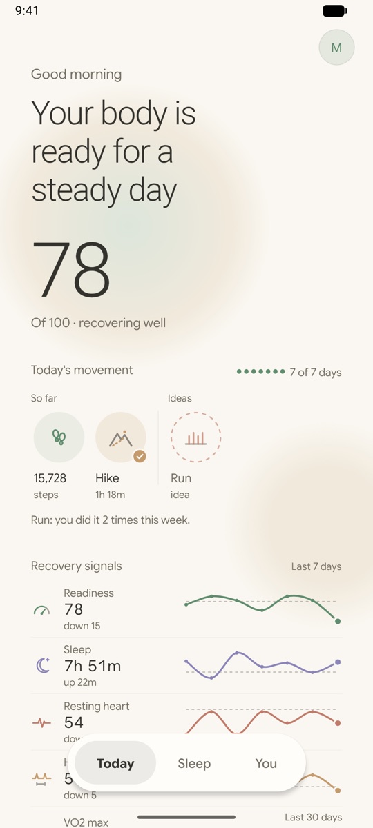 RestUp on Android, Today: Your body is ready for a steady day, 78 of 100, recovering well.