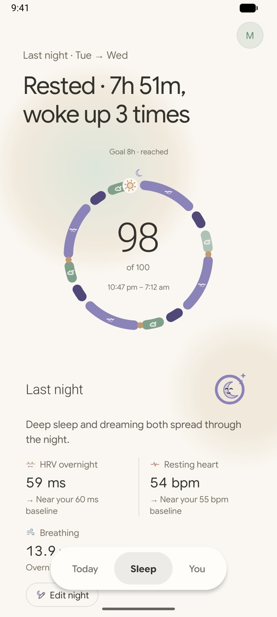 Sleep screen: “Rested, 7h 51m, woke up 3 times”, sleep score 98