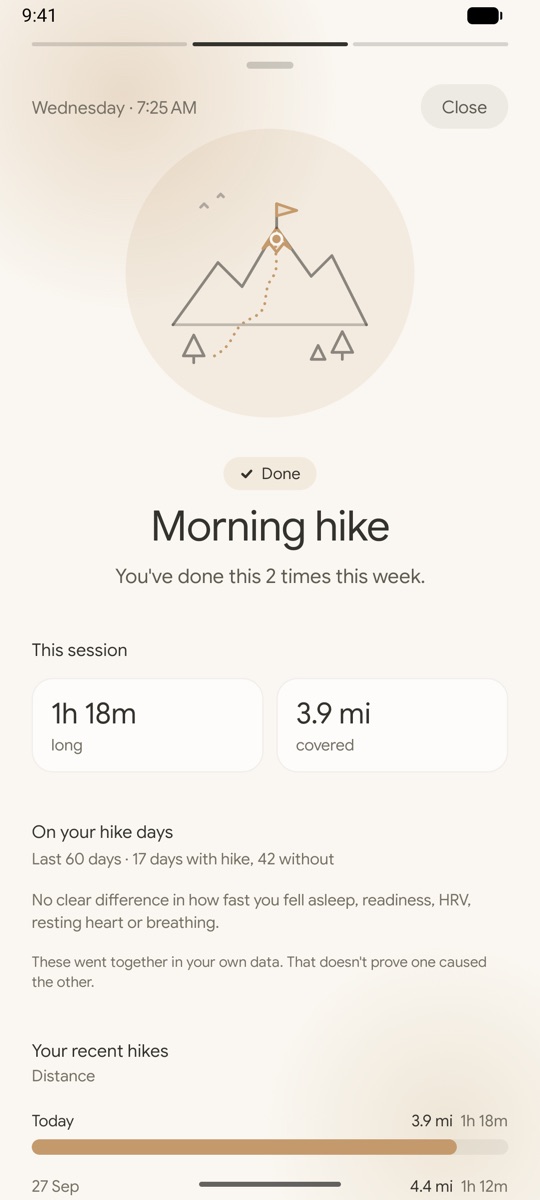 A hike page with this session against your usual