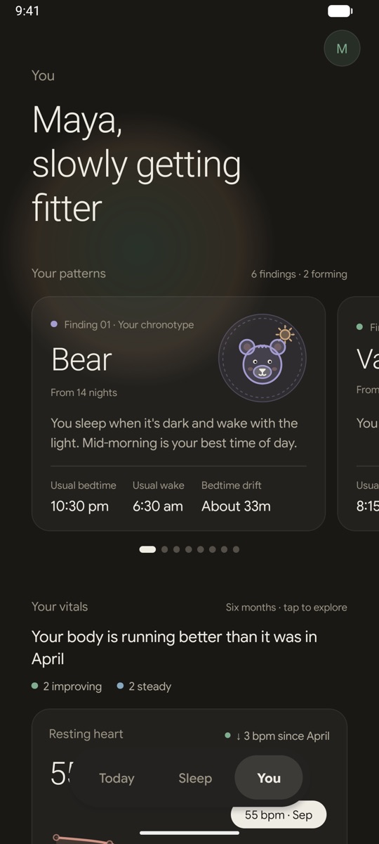 You screen: “Your patterns”, chronotype Bear