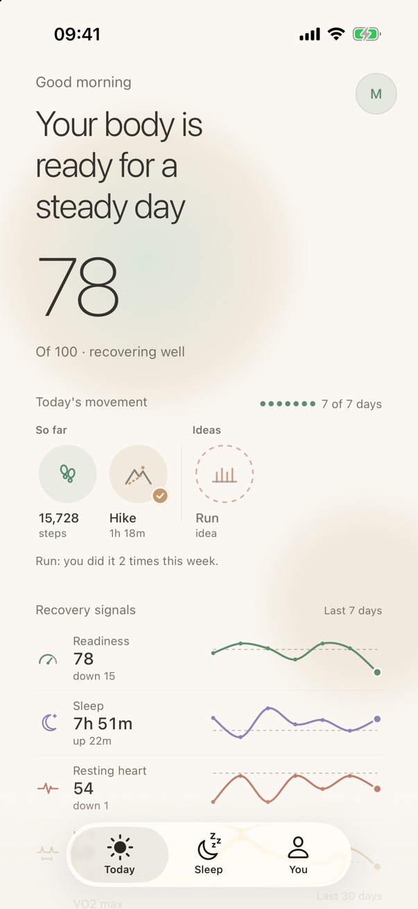 RestUp Today: Your body is ready for a steady day, 78 of 100, recovering well.