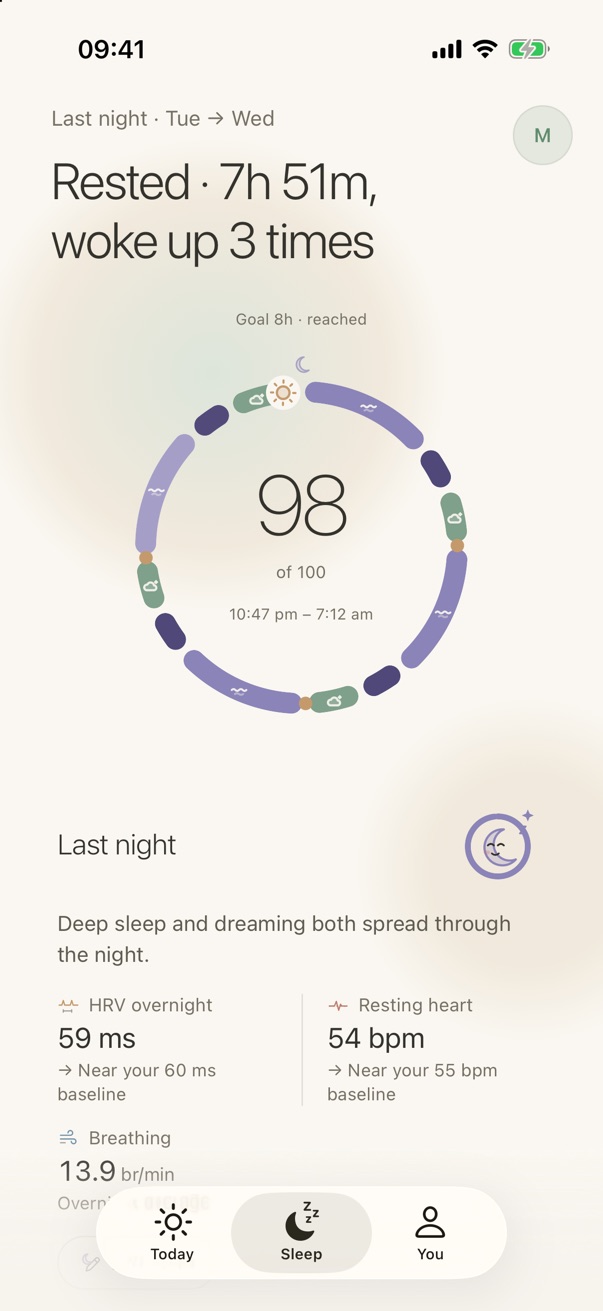 RestUp Sleep: Rested, 7h 51m, woke up 3 times. Sleep score 98 of 100, 10:47 pm to 7:12 am.